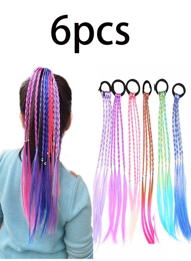 وصلات شعر ملونة للفتيات، تمديد ذيل حصان مضفر، إكسسوارات شعر للفتيات، وصلات ضفائر شعر ملونة، 6 قطع إكسسوارات يوم الجنون مع أربطة شعر (6 قطع ضفائر ملونة) - Image 1